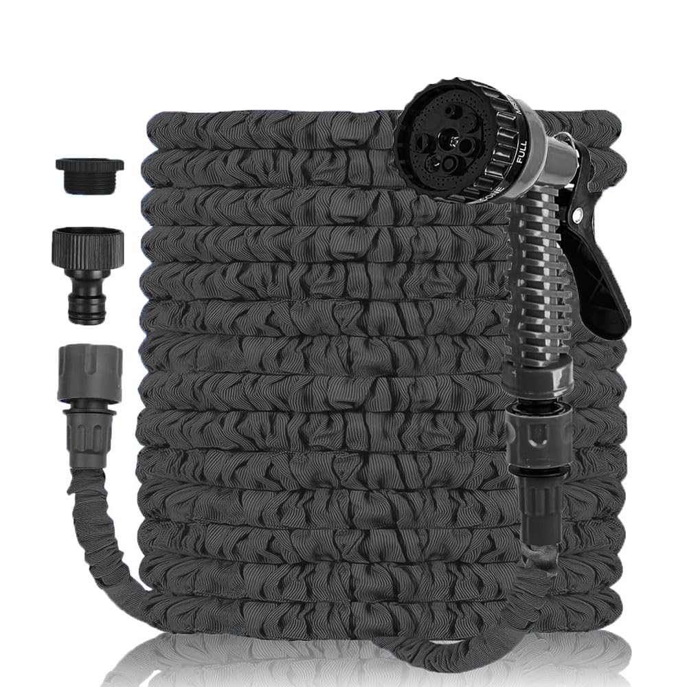 15 Ft Expandable Garden Hose, Lightweight Pipe Anti-Leakage Expanding Stretch Small Water Reels Hose Including 7 Adjustable Function Spray Nozzle for Car Wash Cleaning Watering Home Lawn(Black)