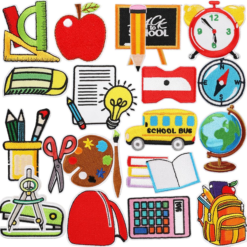 20 PCS Back to School Iron on Patches Pencil School Bus Sew on Embroidered Applique Patches Teacher Students DIY Crafts for Clothes Jackets Jeans Coat Uniforms Hats Backpacks Bags Vests