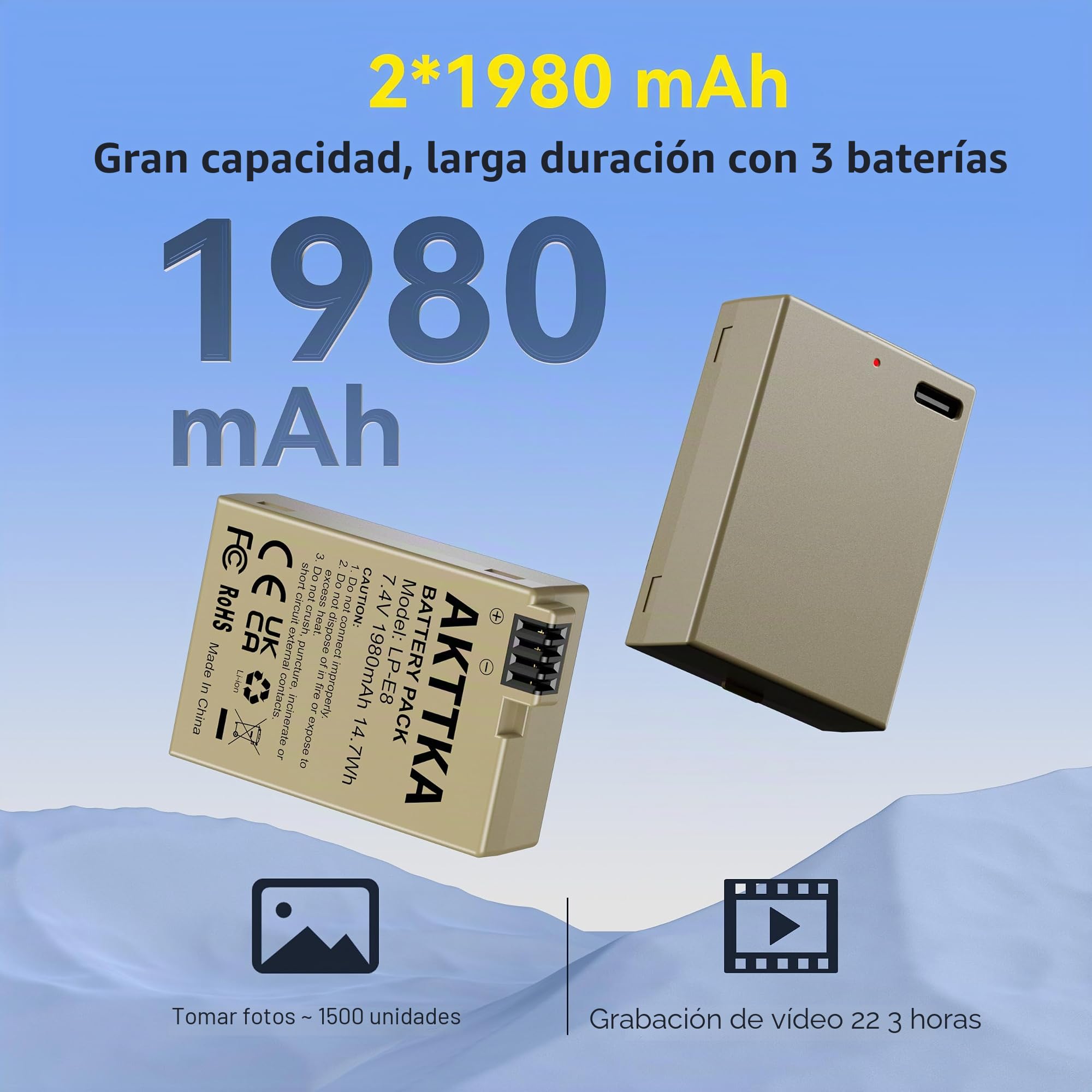 LP-E8 - Batería de Repuesto para cámara Digital Canon EOS Rebel T2i, T3i, T4i, T5i, 550D, 600D, 650D, 650D, 700D, Kiss X4, X5, X6, LC-E8E, Color Negro