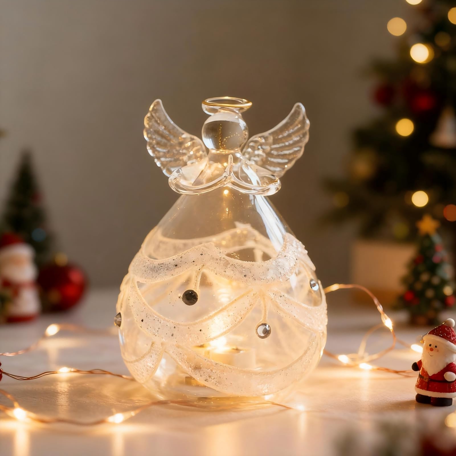 Figura de ángel con luz LED, decoración navideña, figuras de cristal, LED de ángel de Navidad iluminado, batería, decoración navideña, figuras de ángeles de la guarda, pequeñas (juego)