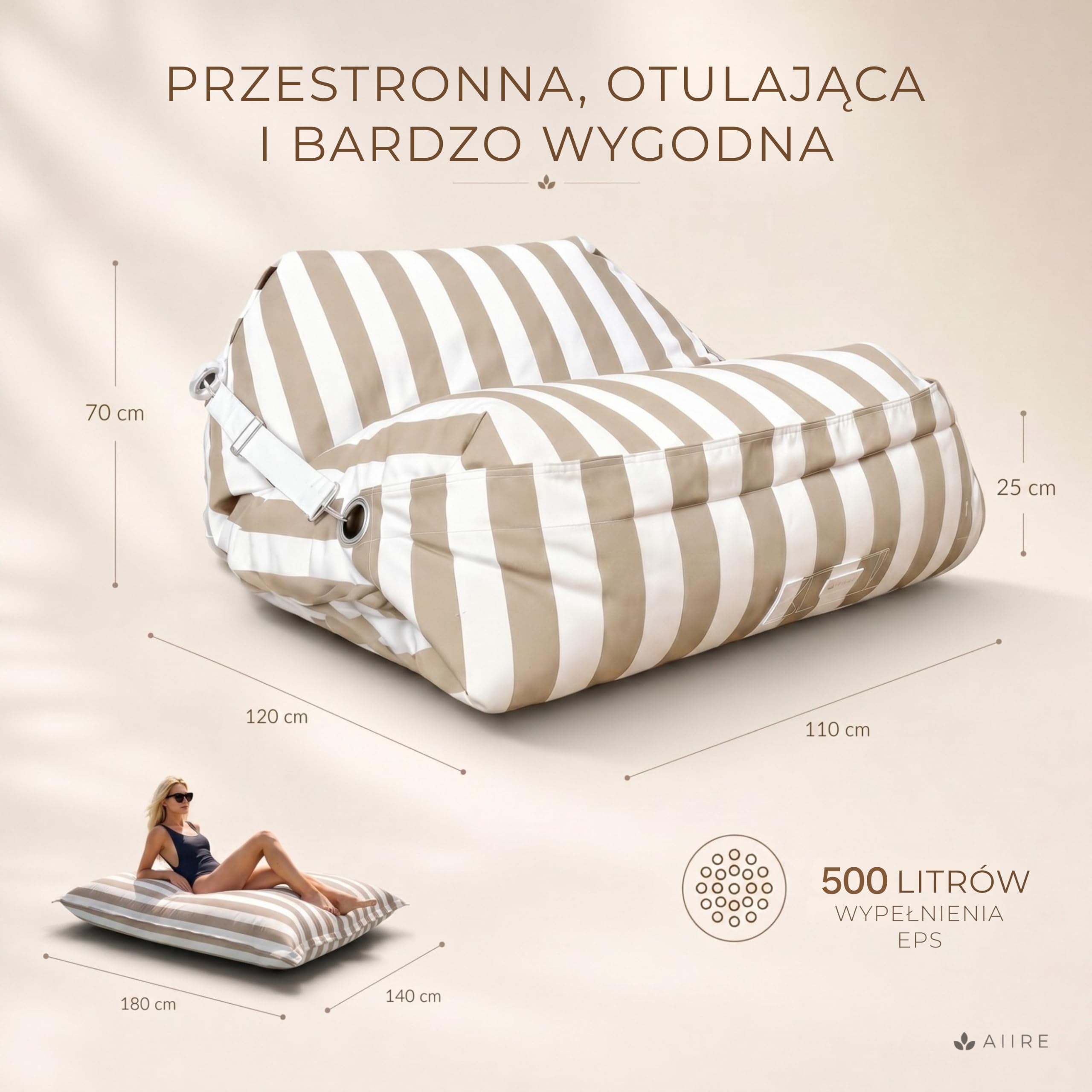 Aiire Luksusowa zewnętrzna pufa XXL - [180x140 cm] Gigantyczna pufa z wypełnieniem w zestawie z Olefiną Premium - nowoczesna torba fasolowa na basen, ogród lub taras - sofa podłogowa wewnątrz lub na