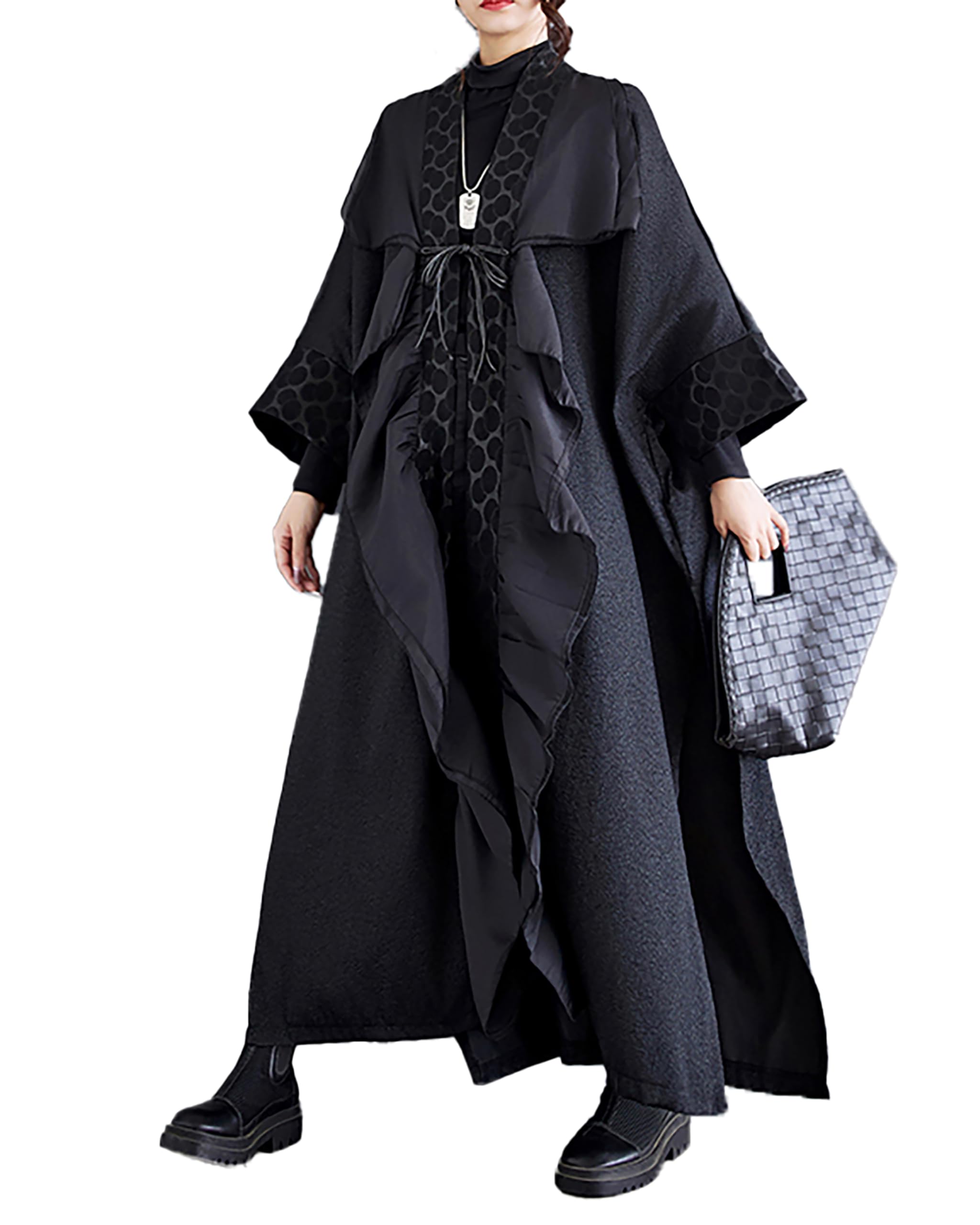ellazhu Damenmantel Einfarbig Schwarz Langarm Split Flowy Saum Oversize Länge bis zum Knöchel Lockerer Herbst GZ271 A