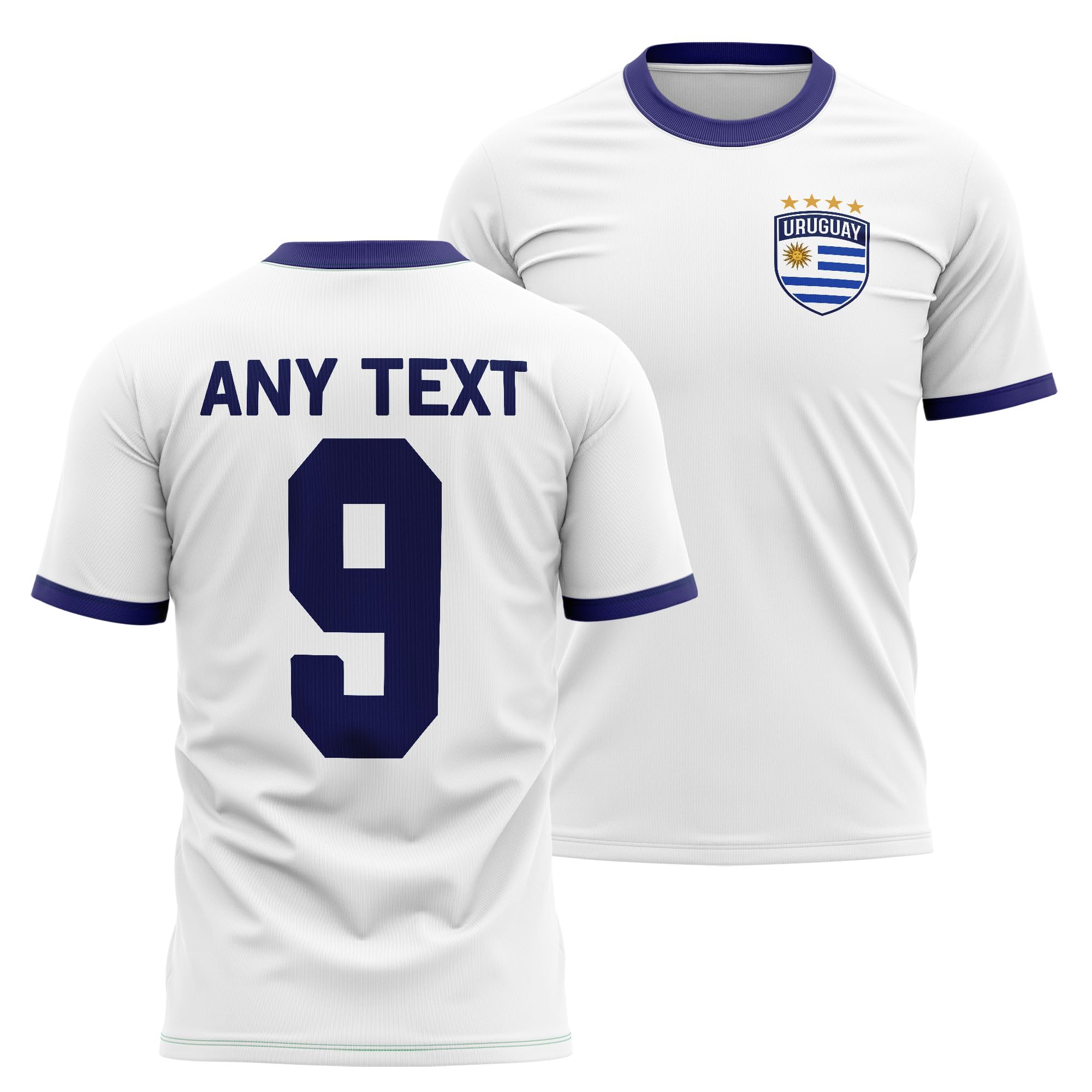Uruguay Mens Ringer T Shirt - Badge Custom Name Number Football Tshirt Fan Tee, XXL, White/Navy