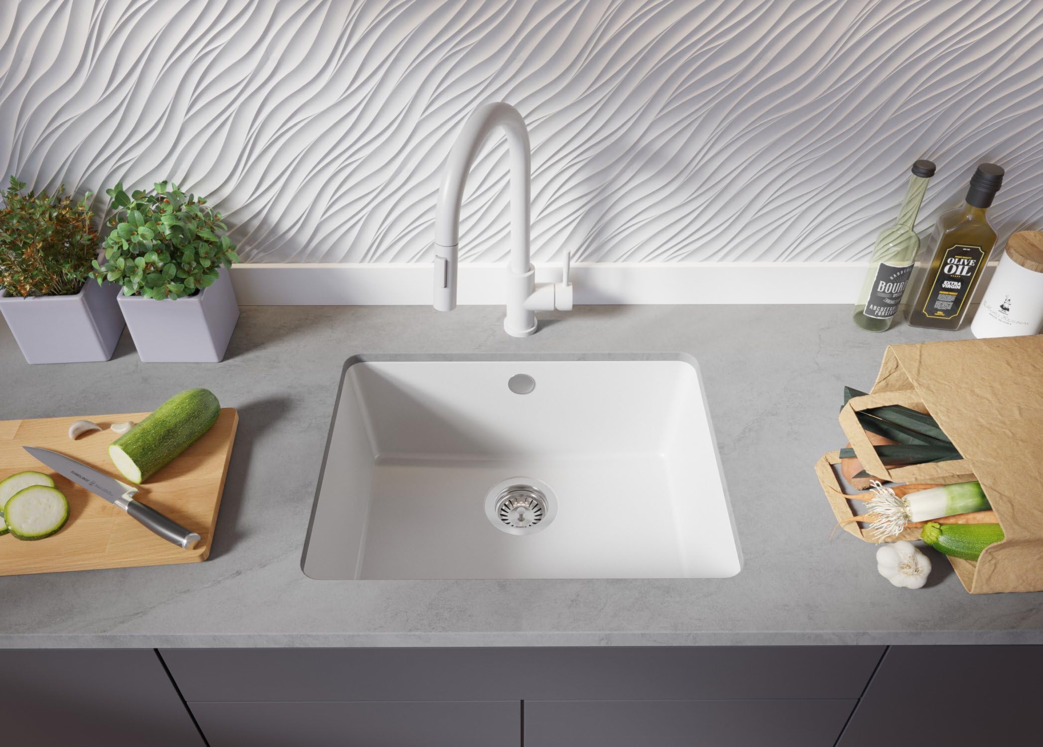 PRIMAGRAN Fregadero bajo Encimera Blanco 56x44cm, Cocina 1 Seno + Sifón, Granito al Mueble 60cm - Venecia Easy S062