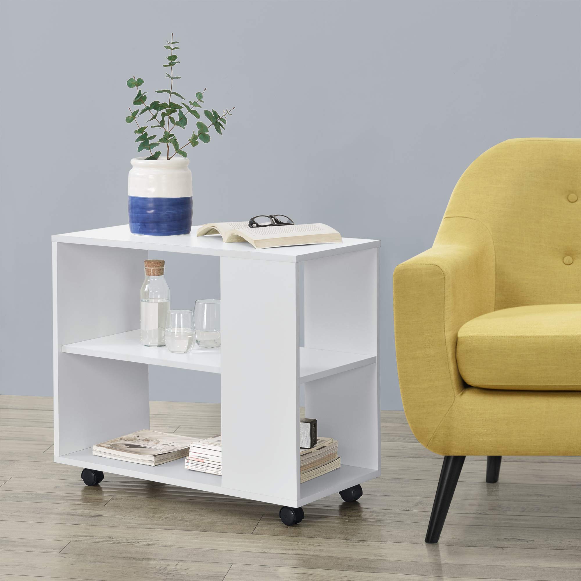 [en.casa] Tavolino Laterale con Rotelle Tavolo Basso da Divano con Ripiano e Ruote Consolle Portatile per Soggiorno Salotto Studio 60 x 70 x 35 cm - Bianco