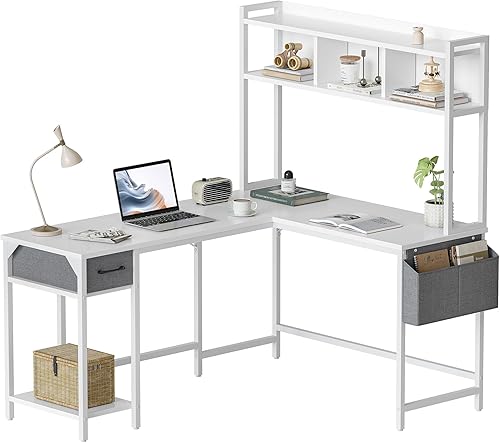 BANTI Escritorio en forma de L con gabinete, escritorio de esquina de 58 pulgadas con cajón, mesa de juegos para oficina en casa, estación de