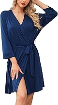 Lovasy Morgenmantel Damen Leicht Sauna Bademantel 3/4 Ärmel V-Ausschnitt Reisebademante mit Gürtel Weiches Loungewear mit Taschen