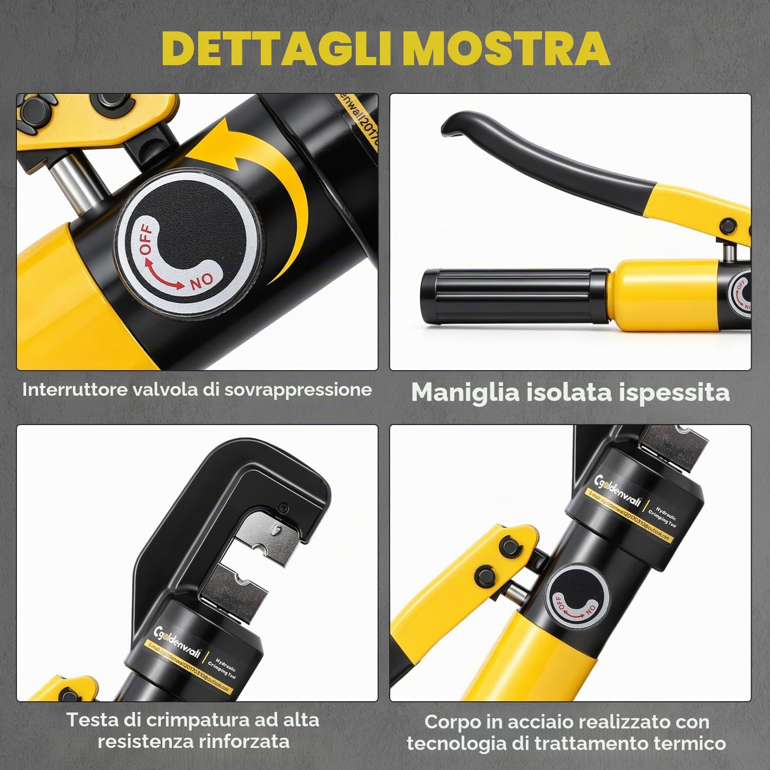 CGOLDENWALL Pinza Crimpatrice Idraulica 4-70mm² per Rame/Allumini | Gamma di Crimpatura 4–70 mm² con 9 Matrici, Terminali Rame/Alluminio, Testa Rotante 180°, 70% Meno Sforzo Manuale