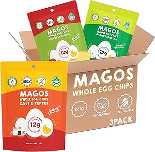 Magos Egg Chips Variety Pack – Healthy Snack, High Protein Low Carb, Light Cracker-Style Crunch, 1.1 oz Bags – Includes Garlic Parmesan, Salt & Pepper, Huevos Rancheros – Keto, Vegetarian & Carnivore Friendly, No Gluten Ingredients (3-Pack)