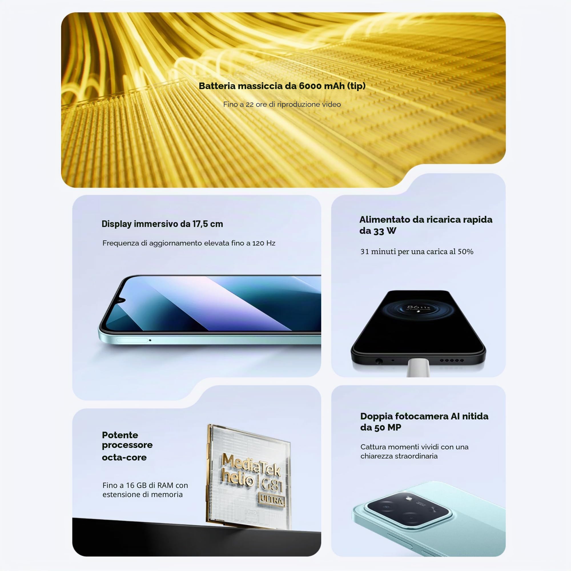 XIAOMI POCO C85, Smartphone 6+128GB, Display 6,9" 120Hz 7,99mm Design, MediaTek Helio G81-Ultra Octa-core, Doppia fotocamera AI da 50MP, 6000mAh, garanzia di 2 anni, Verde, Caricabatteria non incluso