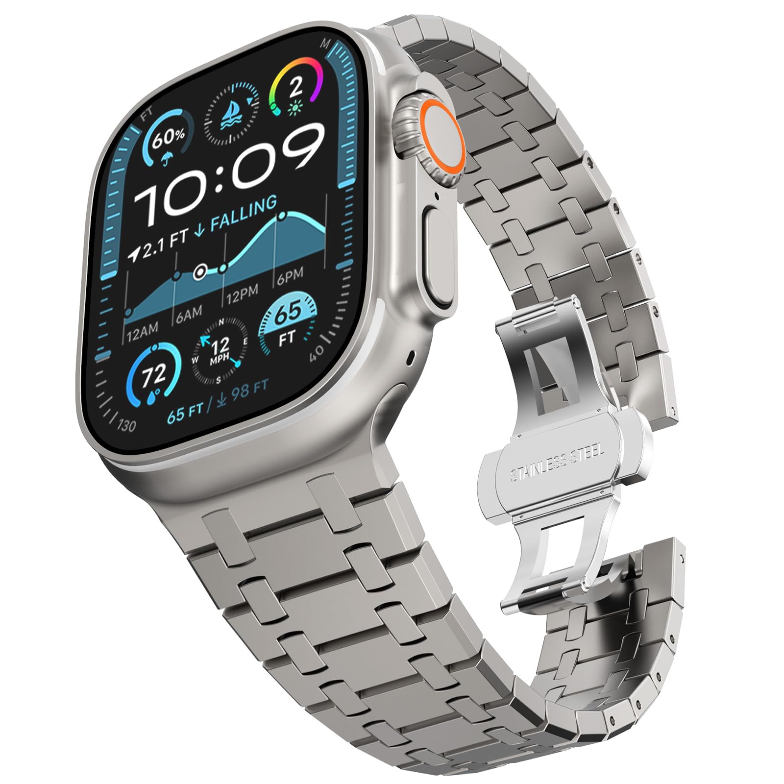 Sponsored Ad - CHANCHY Stainless Steel Band Compatible with Apple Watch Ultra 3/2/1 Band 49mm, Series 11/10 46mm, 9/8/7 45mm, SE3/SE2/SE 6/5/4 44mm, 3/2/1 42mm, Metal Strap for Men Women, Titanium