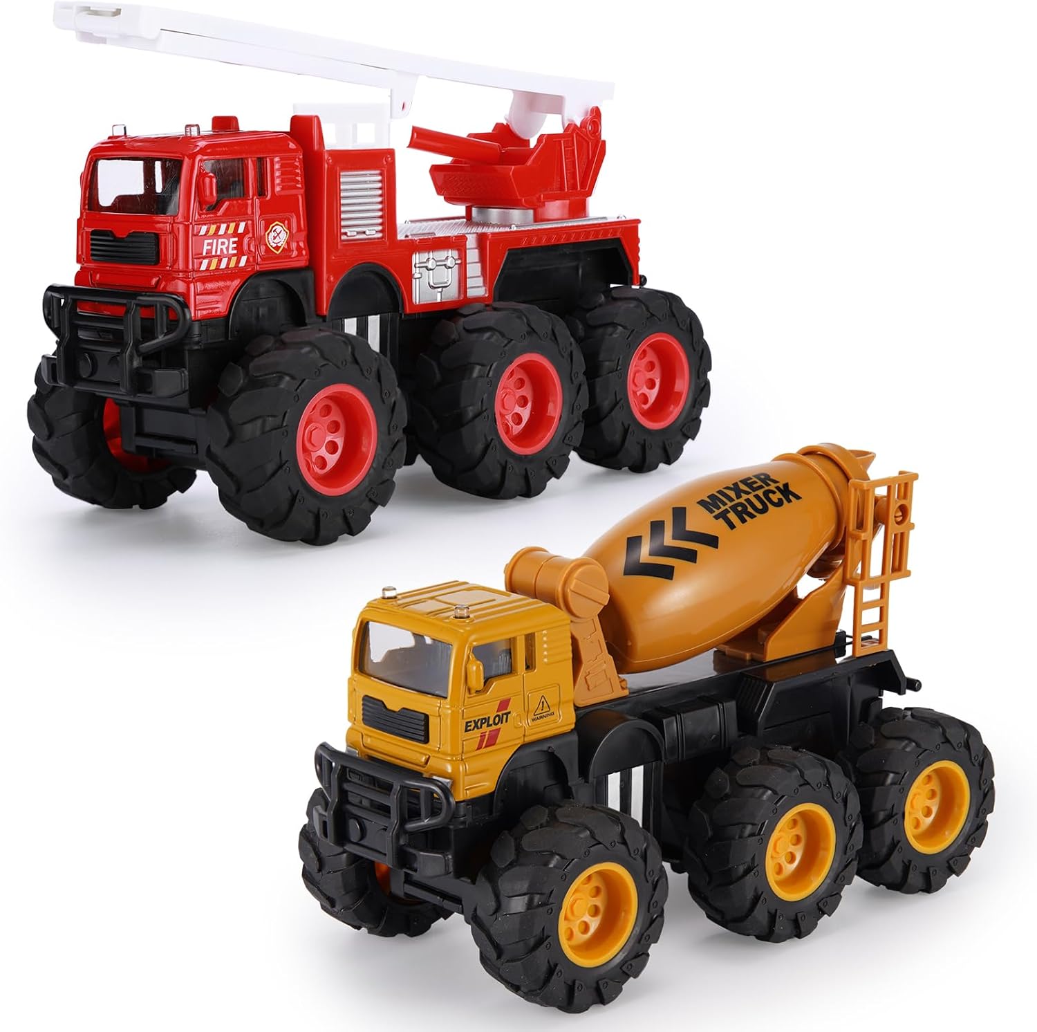 2PCS Truck Toys Set, Die-Cast Fire Truck Toy & Cement Mixer Truck, Friction Powered, with Extending Ladder Rotatable Blender, Fire Engine Toys, Lorry Toys Construction Vehicles for Kids