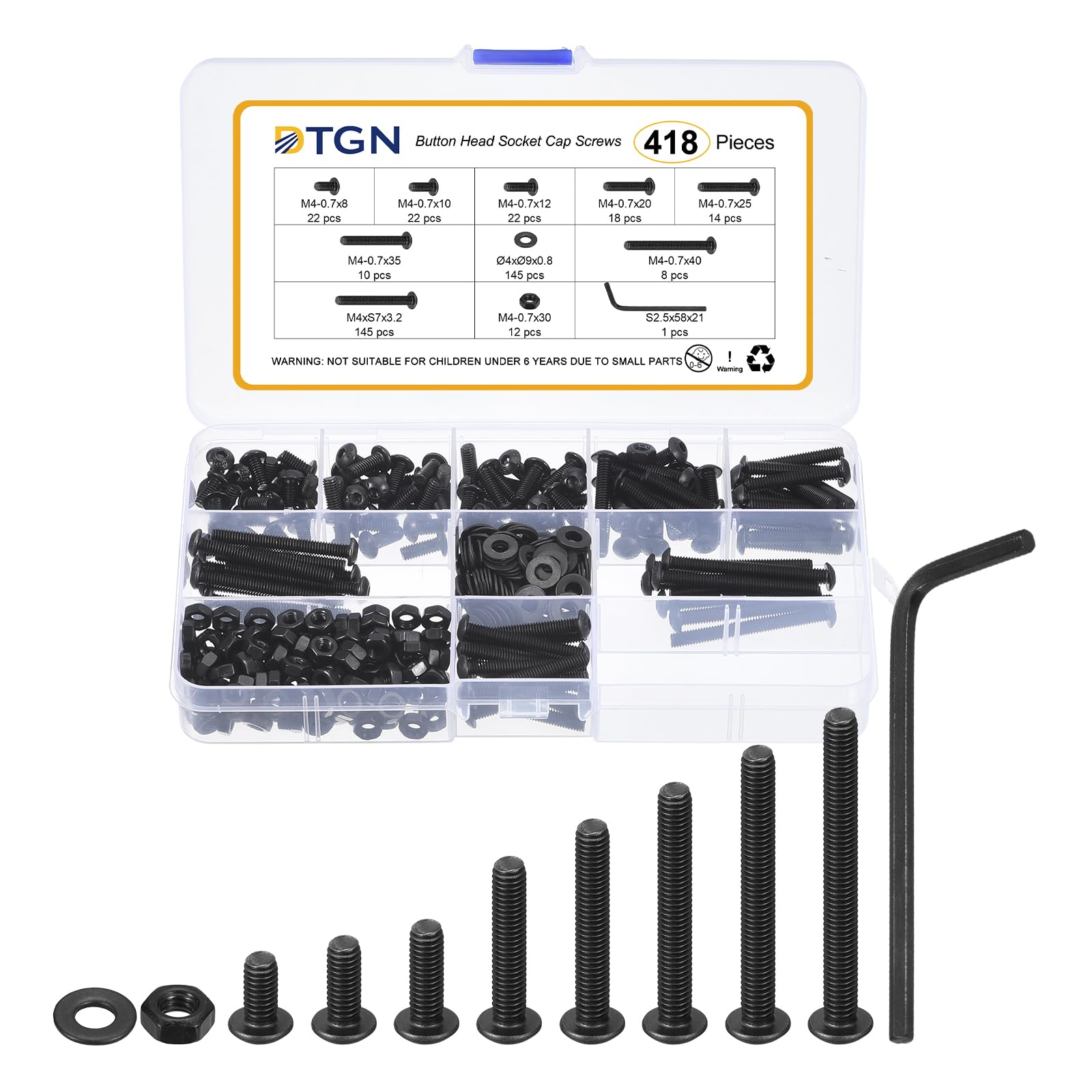 DTGN 418Pcs M4-0.7x8/10/12/20/25/30/35/40mm Button Head Socket Cap Screws