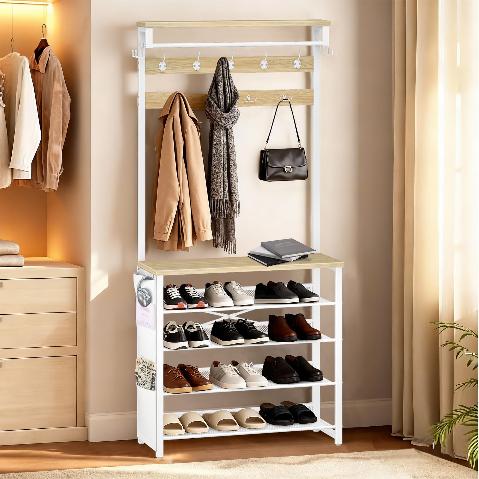 HOOBRO Garderobenständer mit Schuhablage, Schuhregal mit Garderobe, Kleiderständer mit 5 Ebenen Schuhablage, Garderobe mit Schuhschrank, Weiß und Natürliche Holzfarbe EWN75MT01