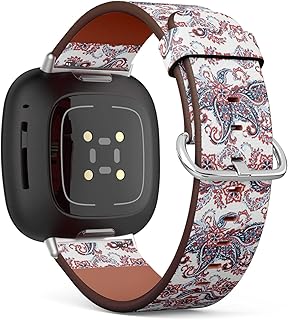 CJBROES Replacement Leather Watch Band, Compatible with Fitbit Versa 3 and Fitbit Sense of Wristband Bracelet Accessory - Floral Paisley Ornament