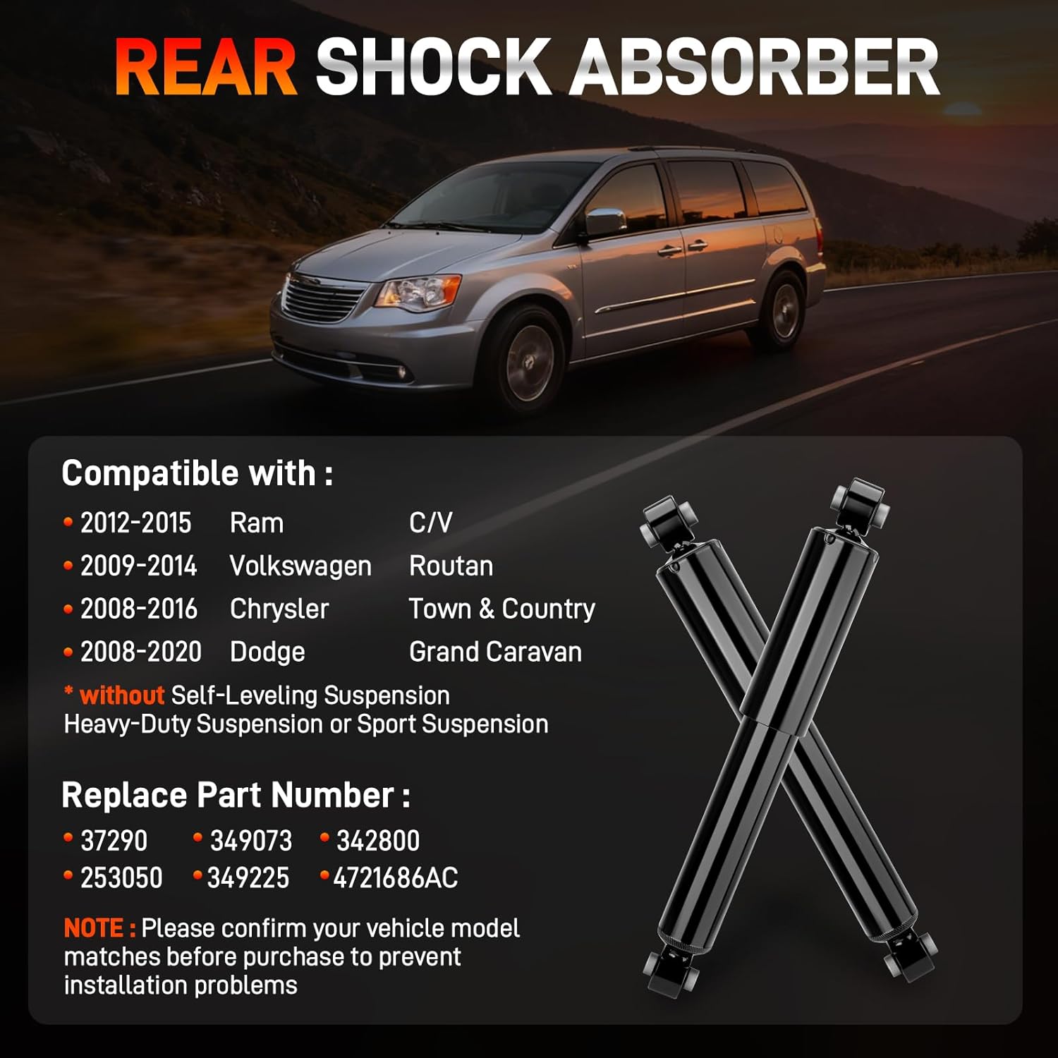2Pcs Rear Shock Absorber Struts Compatible with Chrysler Town & Country 2008-2016, Dodge Grand Caravan 2008-2020, VW Routan 2009-2014, Ram C/V 2012-2015, No Self-Leveling Suspension, Replace# 37290