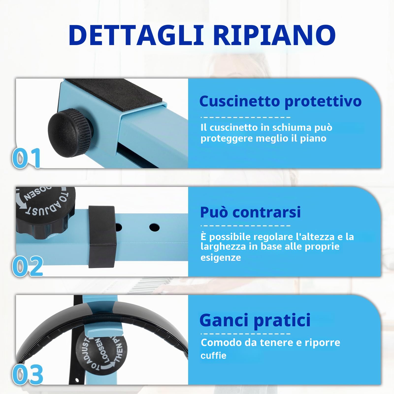 Supporto per Tastiera Pianoforte Regolabile in Altezza da 55 a 87CM, Supporto per Pianoforte a Forma di Z con 4 Ruote Girevoli, Adatto per Pianoforti con 54-88 Tasti, Capacità di Carico 160KG (Blu)