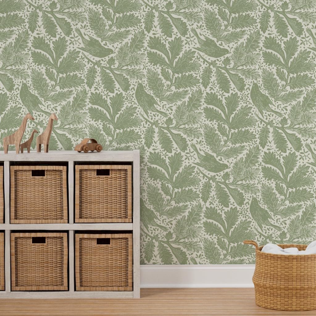 Removable Wallpaper 3ft x 2ft - Sage Floral,Grandmillennial,Songbirds,Arts and Crafts,French Style,English Garden,Statement Floral Custom Pre-Pasted Wallpaper by Spoonflower