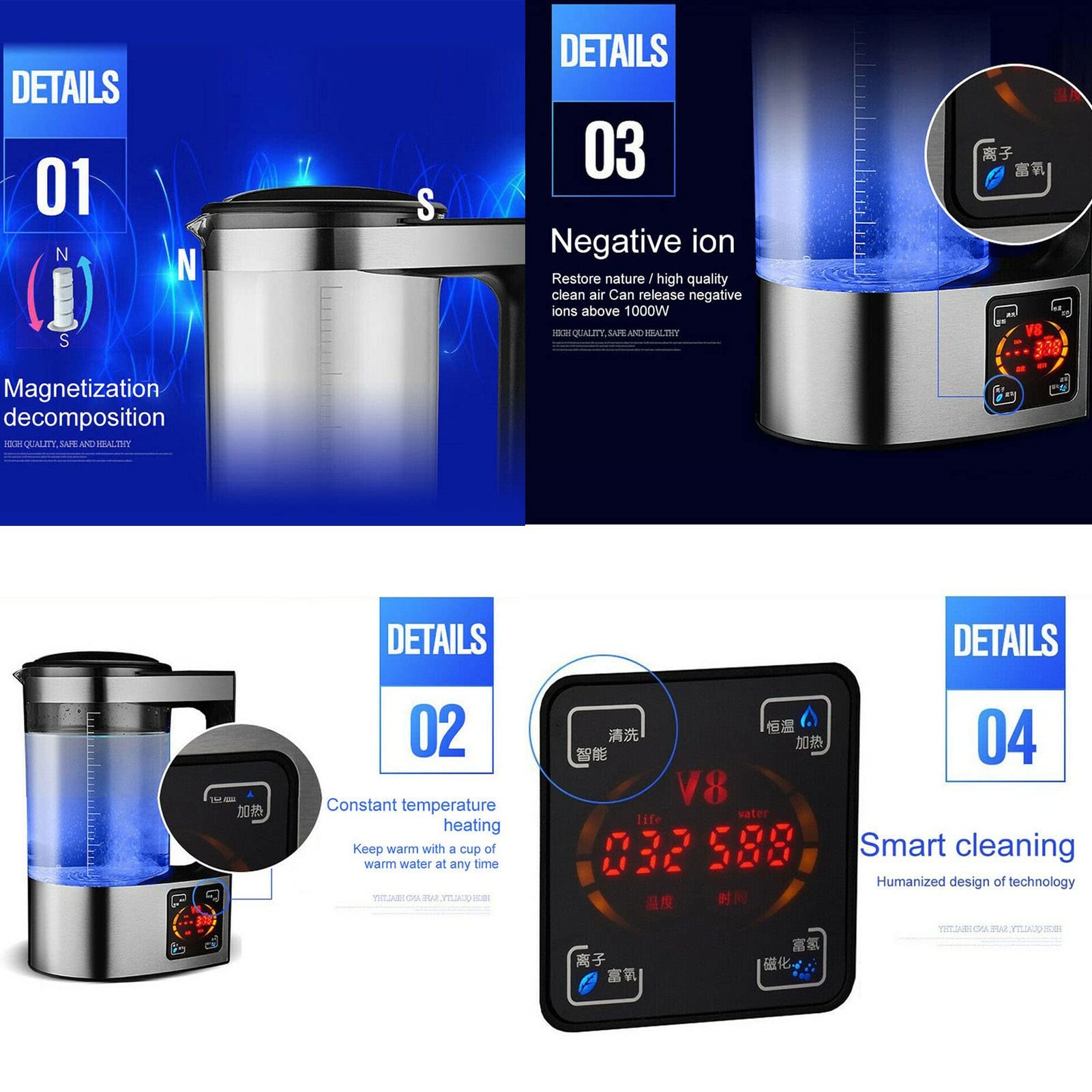 Generador de Agua de hidrógeno de 2L Máquina de Agua Rica en hidrógeno Máquina de fabricación de jarras de Agua alcalina de hidrógeno de microelectrólisis SPE y PEM Hacen Contenido de hidrógeno de