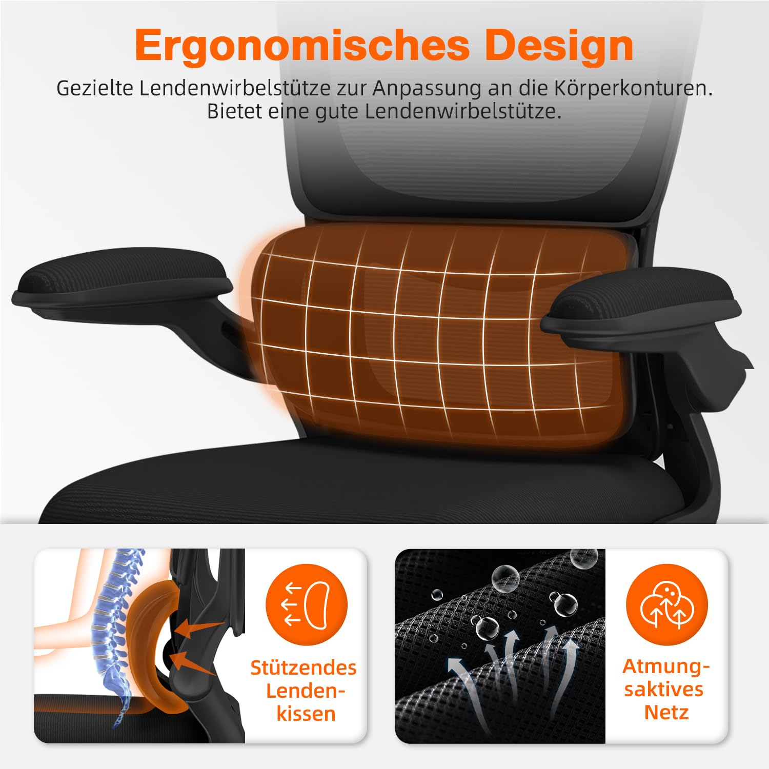 Bürostuhl, Bürostuhl Ergonomisch, Schreibtischstuhl mit Segmentierter Rückenlehne, Adaptiver Lendenstütze und 90°klappbaren Armlehnen, Schreibtischsessel Neigbar bis 135°, Office Chair