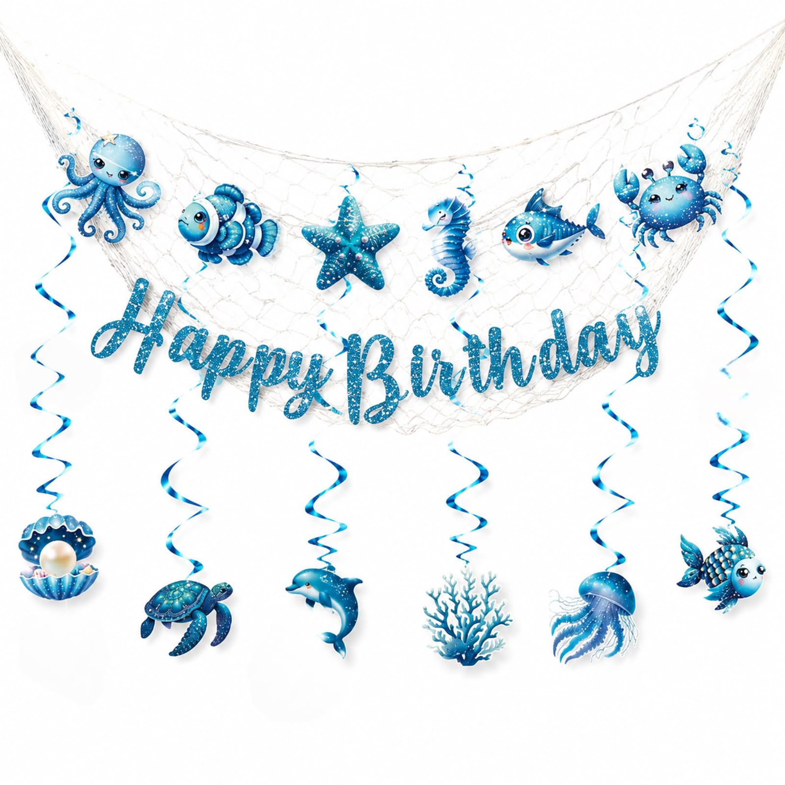 Xecamuvila Under the Sea Party Decorations - Ocean Animal Happy Birthday Banner & Hanging Bunting Set,Underwater Themed Celebrations， Blue Glitter Party Banners for Kids Birthday Parties