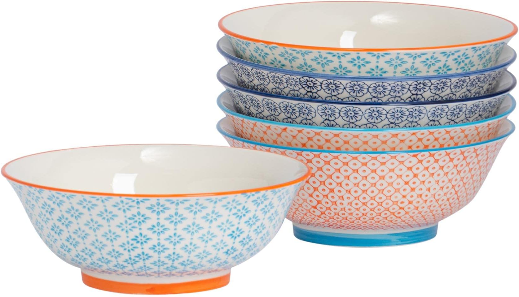 Nicola Spring Patterned Serving Bowl - 3 Colours - 21.5cm - Pack of 6 - Hand Printed Japanese Style Porcelain Snack Bowls for Dessert, Pasta, Cereal, Salad, Noodles, Soup