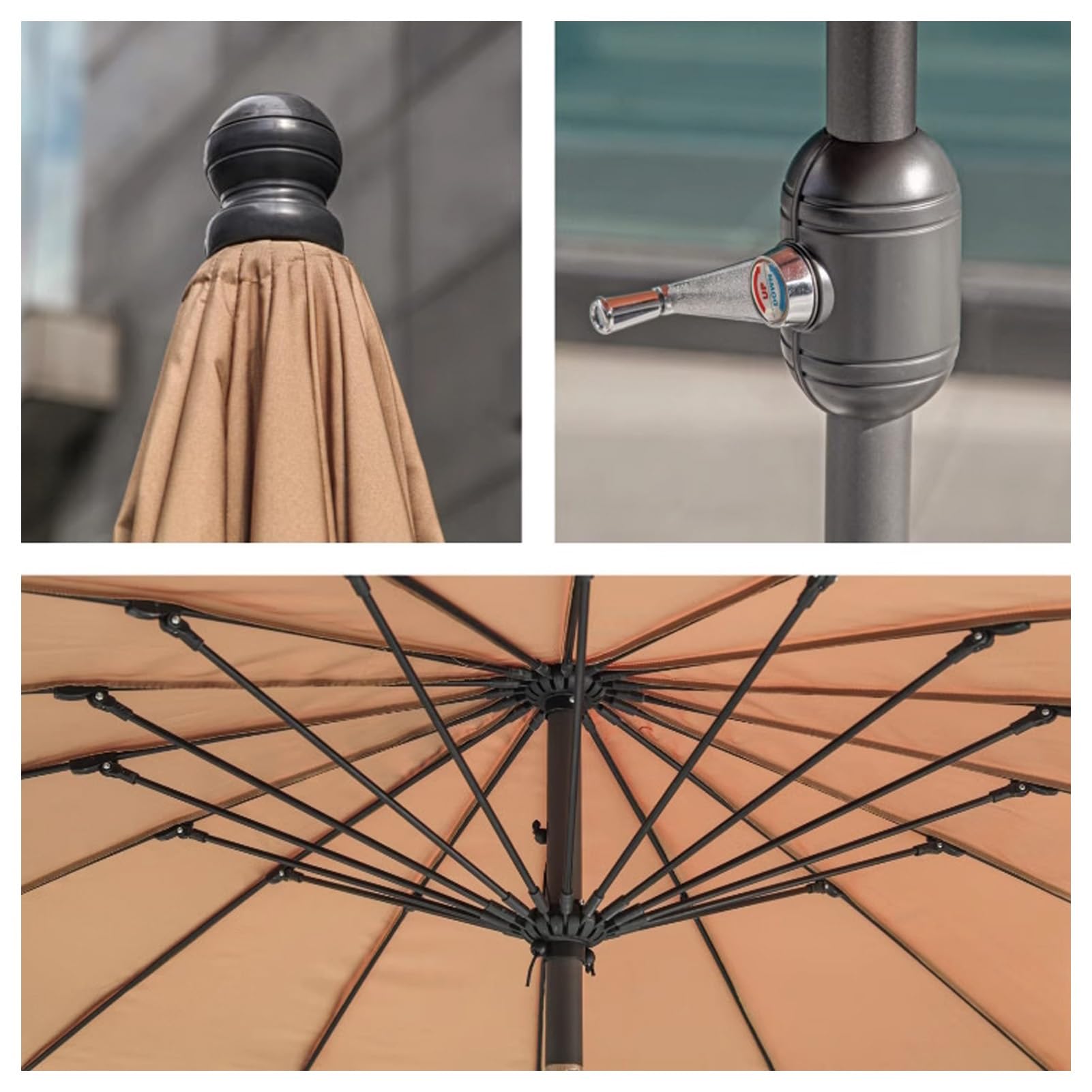 250 cm Shanghai Garden Parasol, Regulowany, Odchylany Parasol Zewnętrzny, z Korbą, 16 Żeber, Aluminiowy Słup, Ochrona UV50+(Khaki)