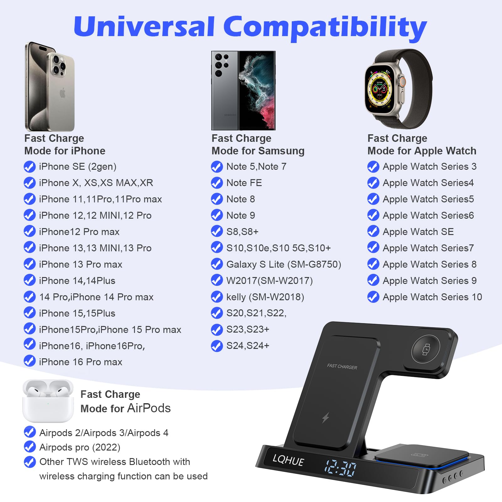 Caricatore wireless 4 in 1 Caricatore per iPhone 16 15 14 13 12 11 Pro SE X XS XR & Watch 9 8 7 6 SE 5 4 3 2,Ricarica Wireless Per i-Watch Ultra 9 8 7 6 SE 5 4 3 Wireless earphones 3/Pro 2
