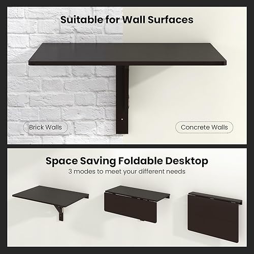 Miniatura 9 de Tangkula Escritorio plegable montado en la pared de 31.5 pulgadas, escritorio flotante de hojas caídas con superficie espaciosa, mesa de pared