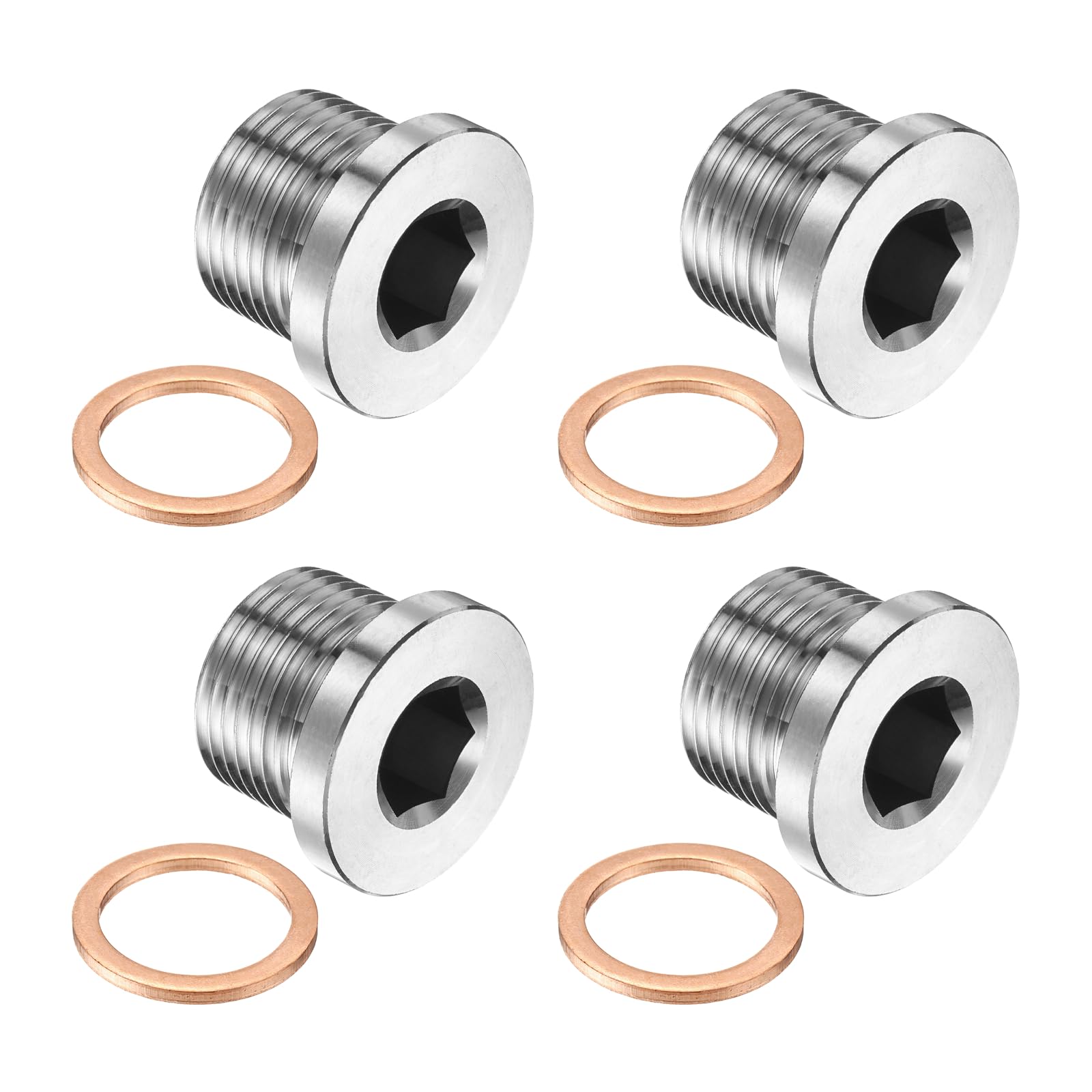 PATIKIL 4 Pcs M20 x 1.5 Metric Pipe Plug Fitting, 304 Stainless Steel Internal Hex Head Socket Pipe Cap Adapter Connector with Copper Washer for Sealing Oil Gas Water — image 1