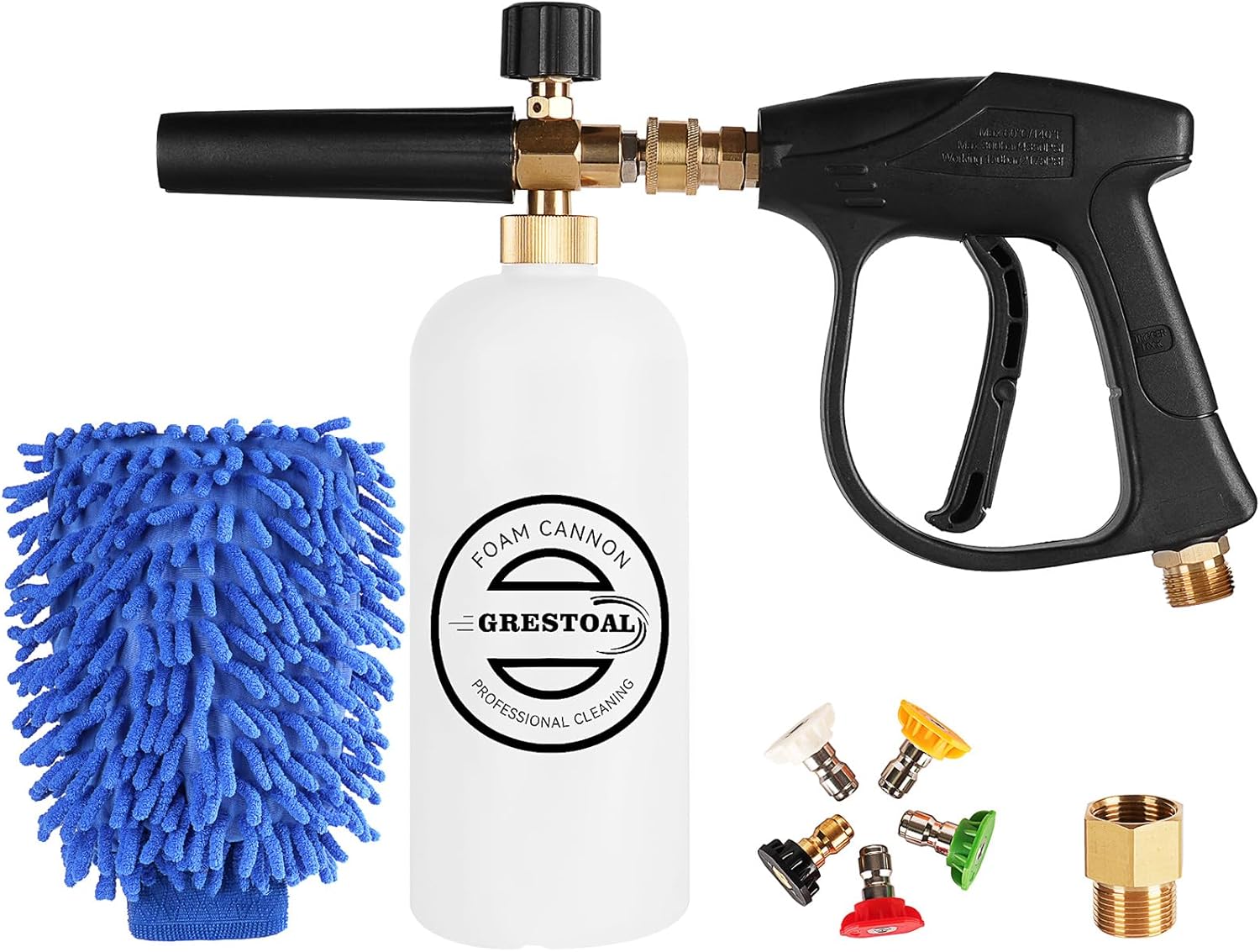 Short Pressure Washer Gun with Foam Cannon, Snow Foam Gun with 5 Pressure Washer Nozzle Tips, 1/4 Inch Quick Connector, 1 Liter, 3000 PSI