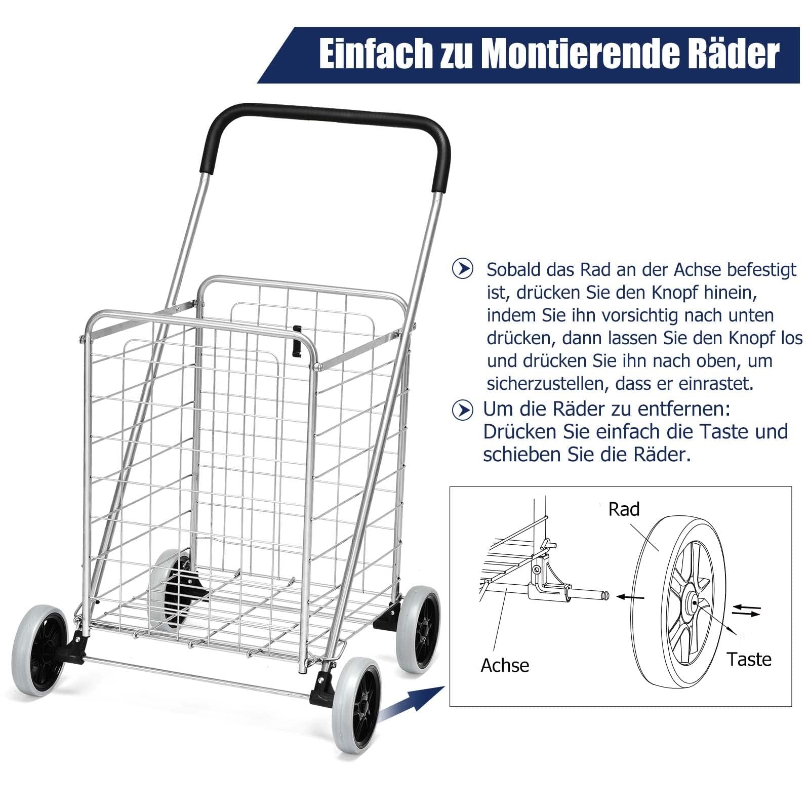 COSTWAY Klappbarer Einkaufstrolley, Einkaufswagen auf Rollen, 45 kg belastbar, 83L, Tragbarer Handwagen, Rollwagen Allzweckwagen für Wäsche, Einkaufen, Gepäck (Silber)