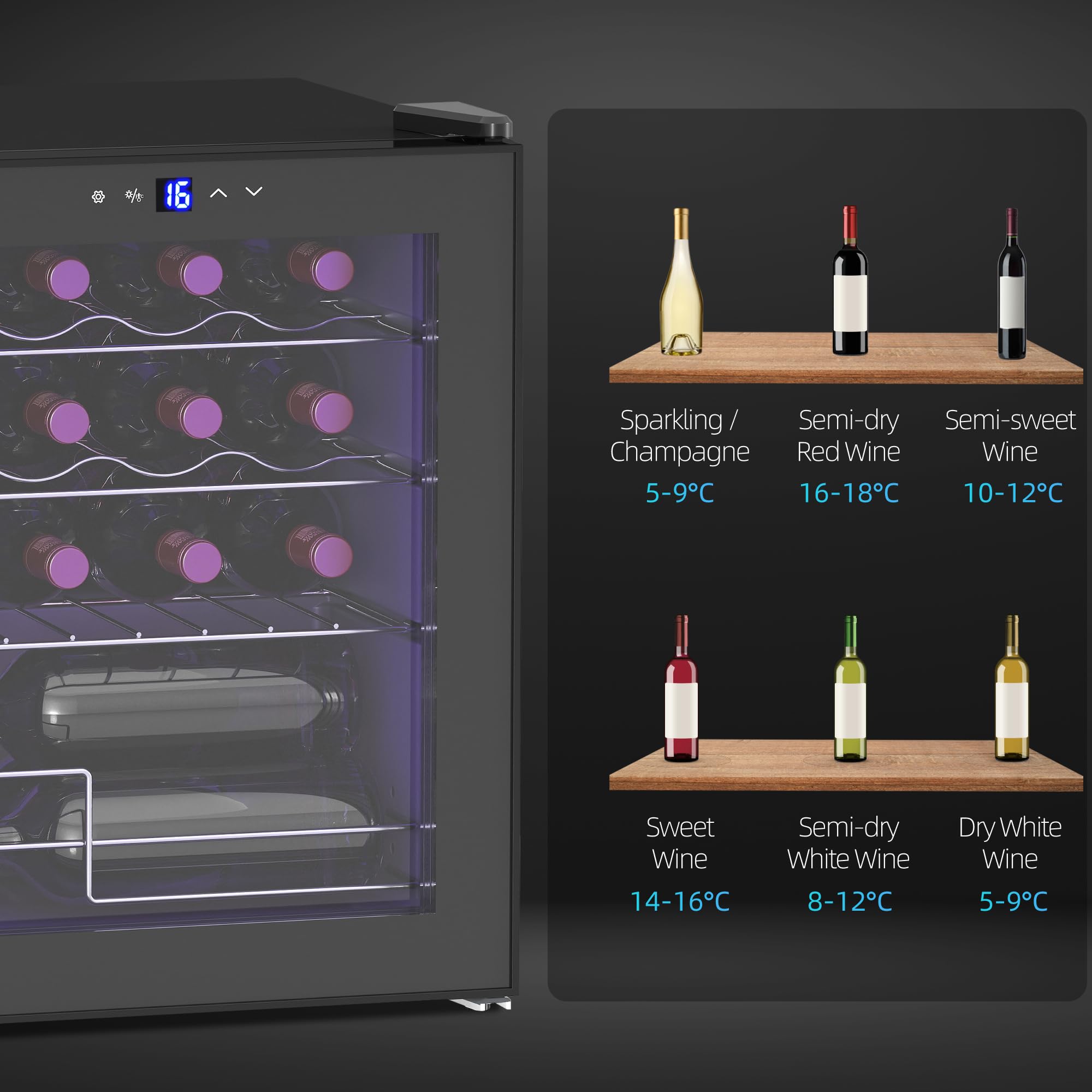 HOMCOM 42L Wine Cooler, 16 Bottles, 5-18° Freestanding Wine Fridge with Glass Door, LED Light, Temperature Control and Digital Touch Screen, Black — view 9