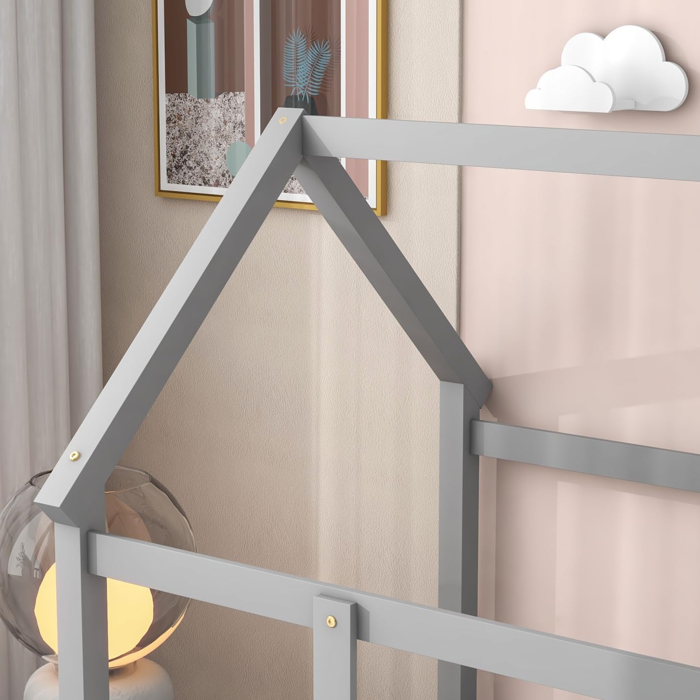 Close-up view of the house roof frame on the TRIPLE TREE Twin Size Wooden Floor Bed, showing the sturdy wooden construction.