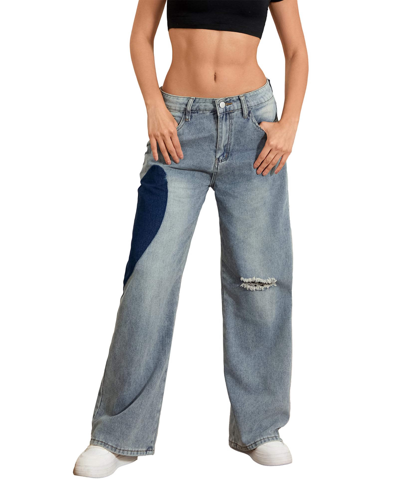 Women Baggy Jeans Low Waist Wide Leg Denim Pants Loose Fit Y2K Heart Patchwork Bottoms Retro Casual Trousers