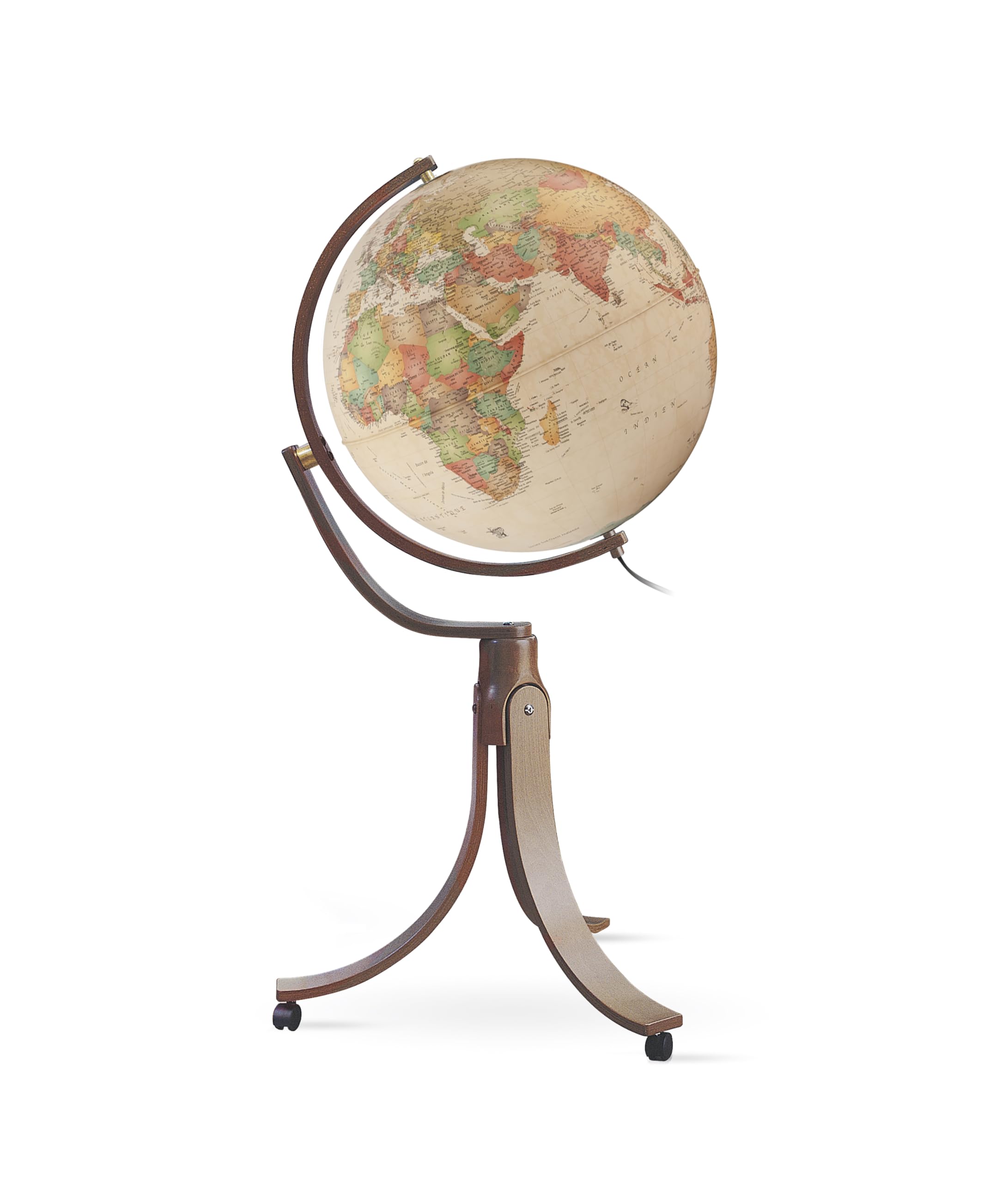 Mappamondo Luminoso da Terra con Base in Legno di Faggio, Cartografia Stile Antico, Diametro 50 cm, Altezza 103 cm, Emily Antique Progressio