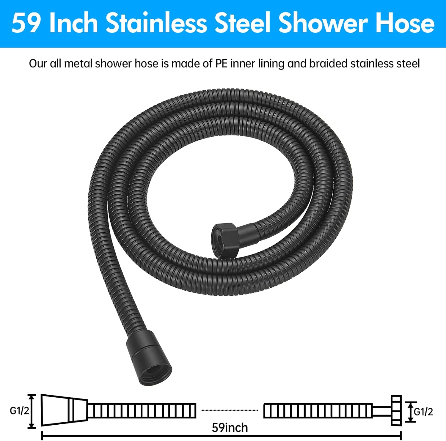 RUMOSE 59 inches Shower Hose Water Plating Shower Head Extension Hose Replacement Extra Long Stainless Steel Shower Tube Attachment Flexible Handheld Shower Sprayer Hose, Matte Black