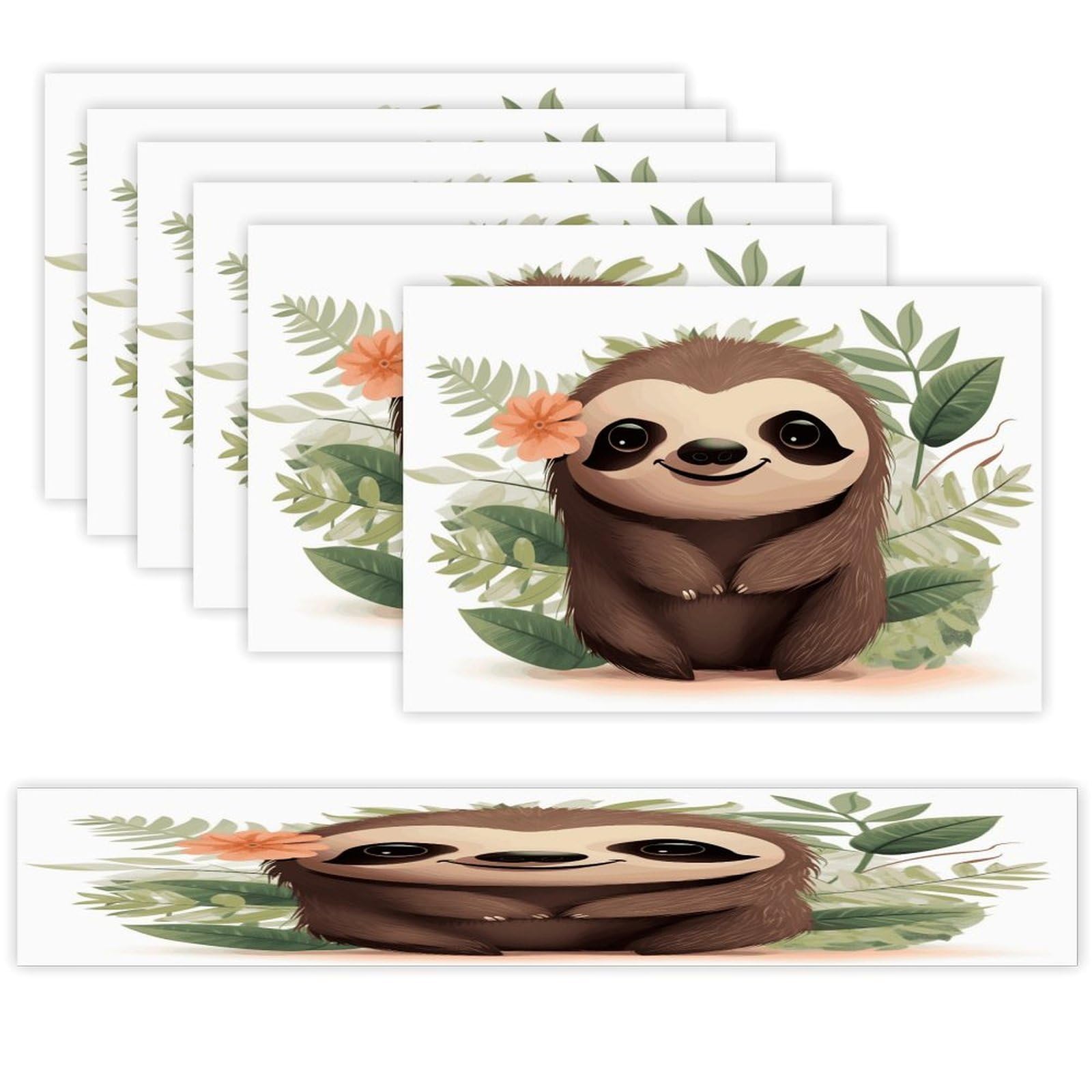Cute Cartoon Sloth Table Runner and Placemats Set of 7 Linen Table Mat Non-Slip Place Mats Washable Placemat Heat Resistant Place Mat with Table Runner for Party Dining Decor
