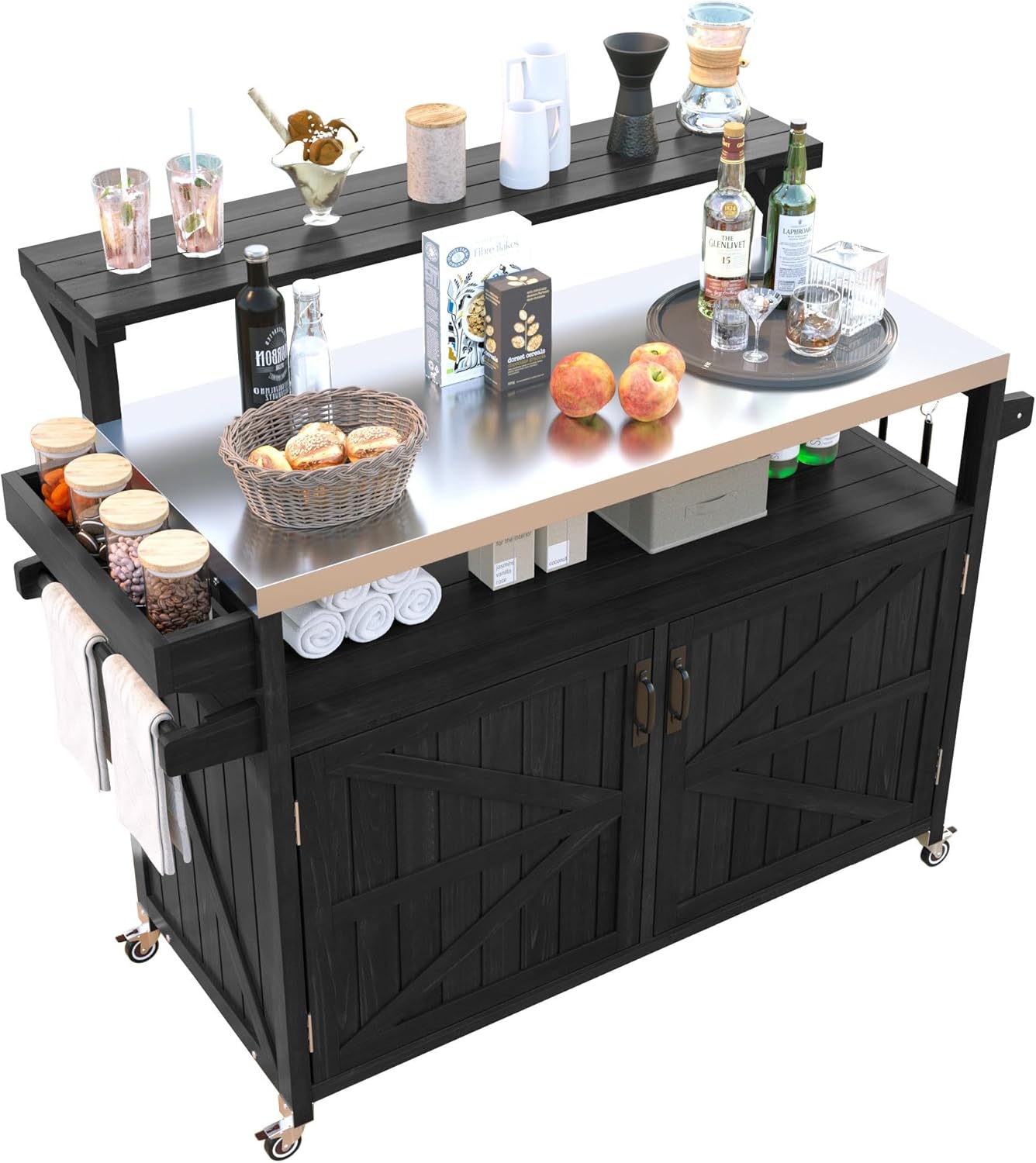 Harper & Bright Designs Outdoor Kitchen Island with Stainless Steel Top, Rolling Grill Cart with Spice Rack and Raised Shelf, Outdoor Island Table with Storage Cabinet & Hooks,Black