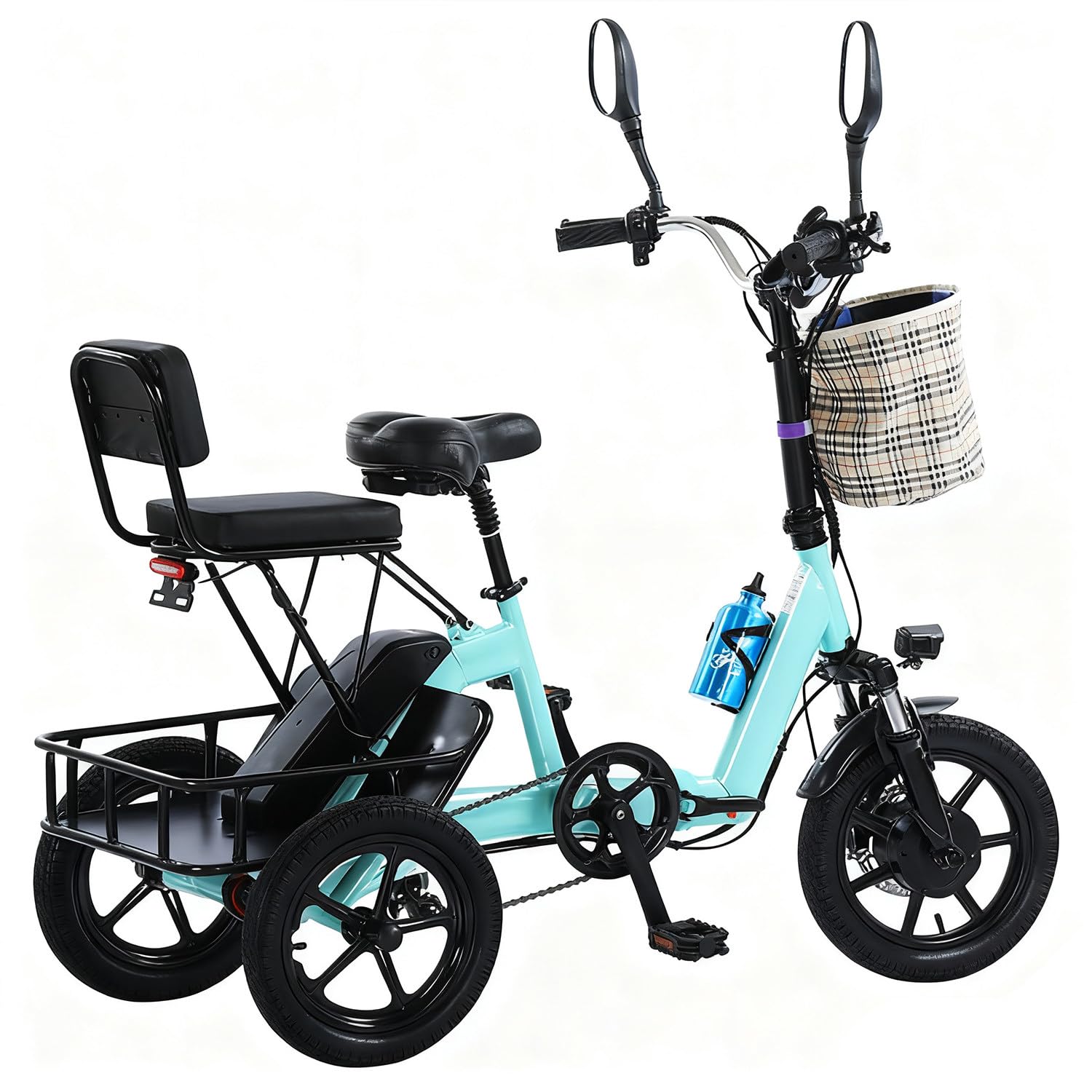Triciclo Elettrico per Adulti 3 Ruote Pieghevole 48V Ebike con presa di ricarica e doppi cestinie e supporto smartphone – 11–20 km/h, Doppi Freni, Display LCD,Perfetto per Spostamenti Urbani Green
