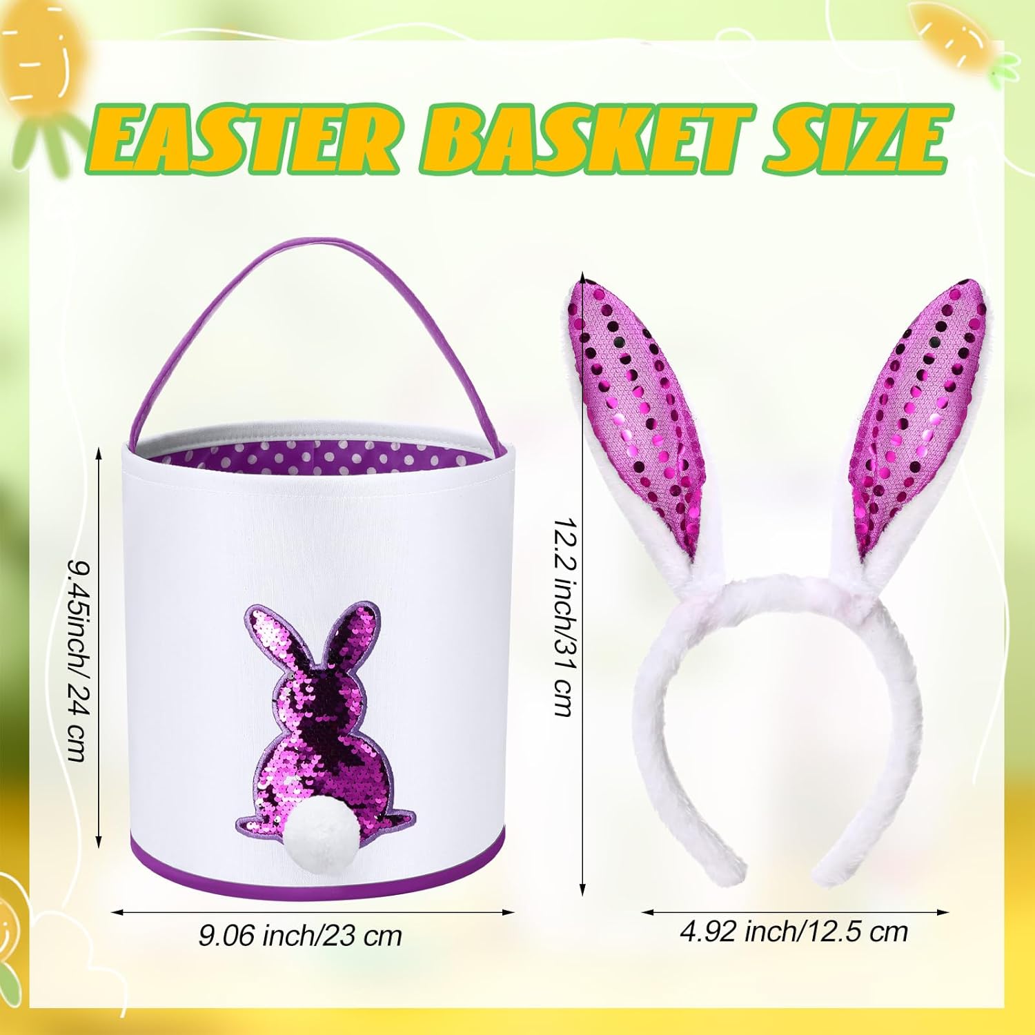 Domensi 12 Pcs Easter Basket Set for Kids Canvas Easter Baskets with Handles and Plush Bunny Ear Headbands, Reusable Small Bags Bulk for Egg Hunt Supplies(Bright Style)