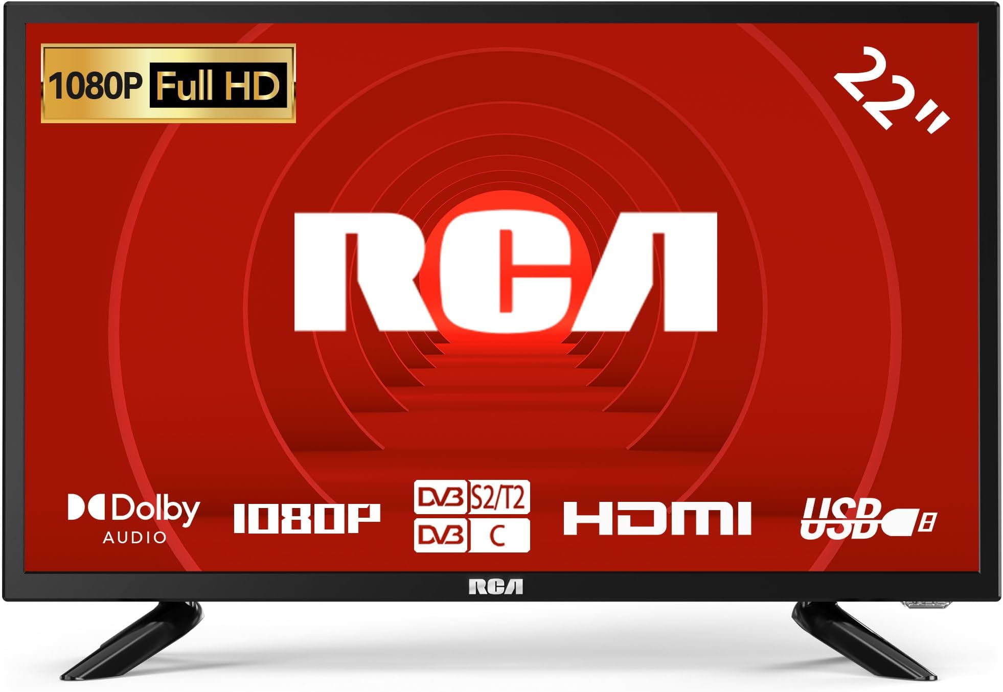 RCA 22 Inch FHD TV, Freeview DVB-T2-C-S2 Dolby Digital Audio, FHD LED Backlighting Display, HDMI VGA PC Audio SCART USB Record Media Player, Small Screen for Small Lounge Kitchen
