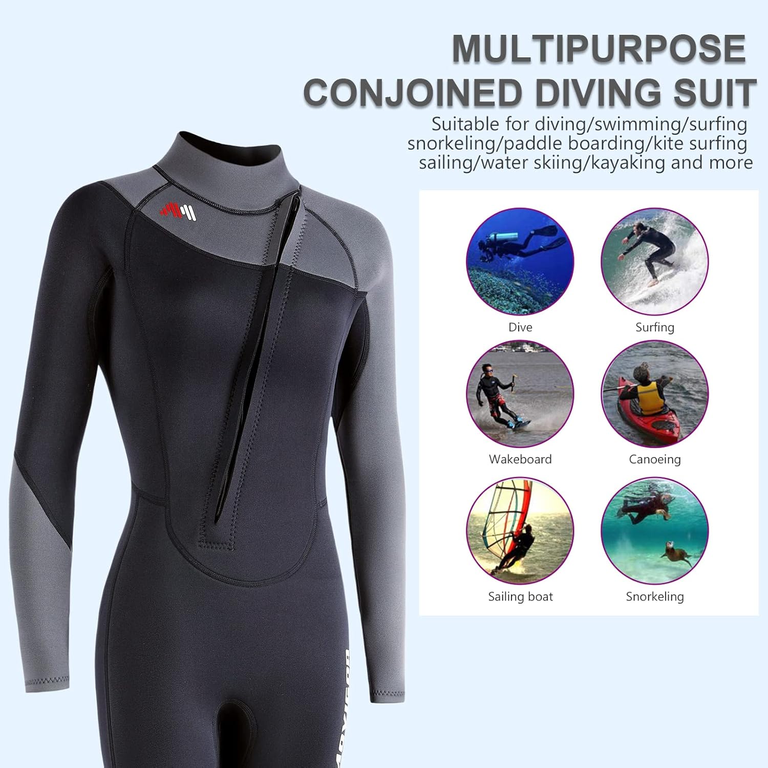 Nataly Osmann Unisex-Adults 3mm Black Neoprene Long Sleeve Zipper Wetsuit for Boating, Snorkeling, Diving, Swimming, Wakeboarding, Kayaking, Surfing, Paddle Boarding