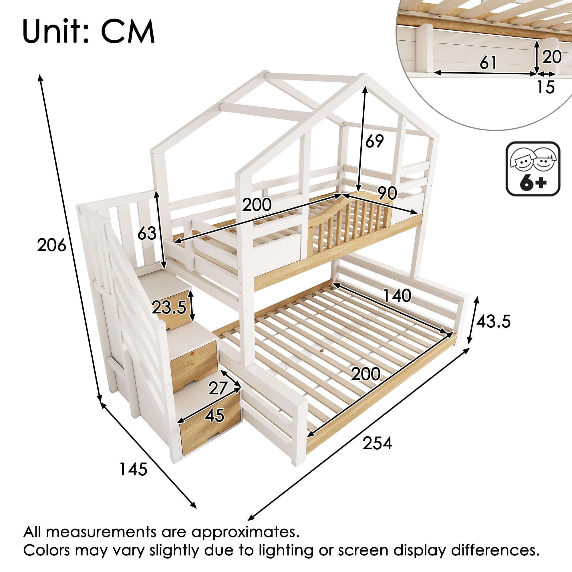 Hochbett Etagenbett 90x200cm&140x200cm mit Treppenschrank, Kinder Hausbett mit Dach und Geländer, unteres Bett mit drei offene Regale, Kinderbett für 2 Kinder, Massivholz (Weiß&Natur, 90/140 x 200 cm)