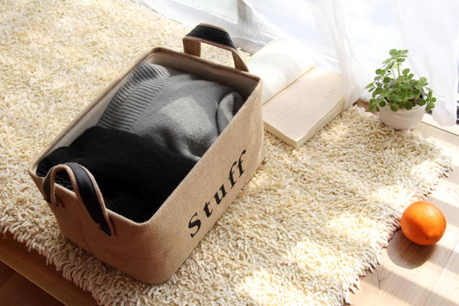 Tosnail 2 Pack Collapsible Jute Storage Bin Nursery Baskets with Leather Handle - Great for Bedroom, Closet, Toys and Cat (Stuff Print)