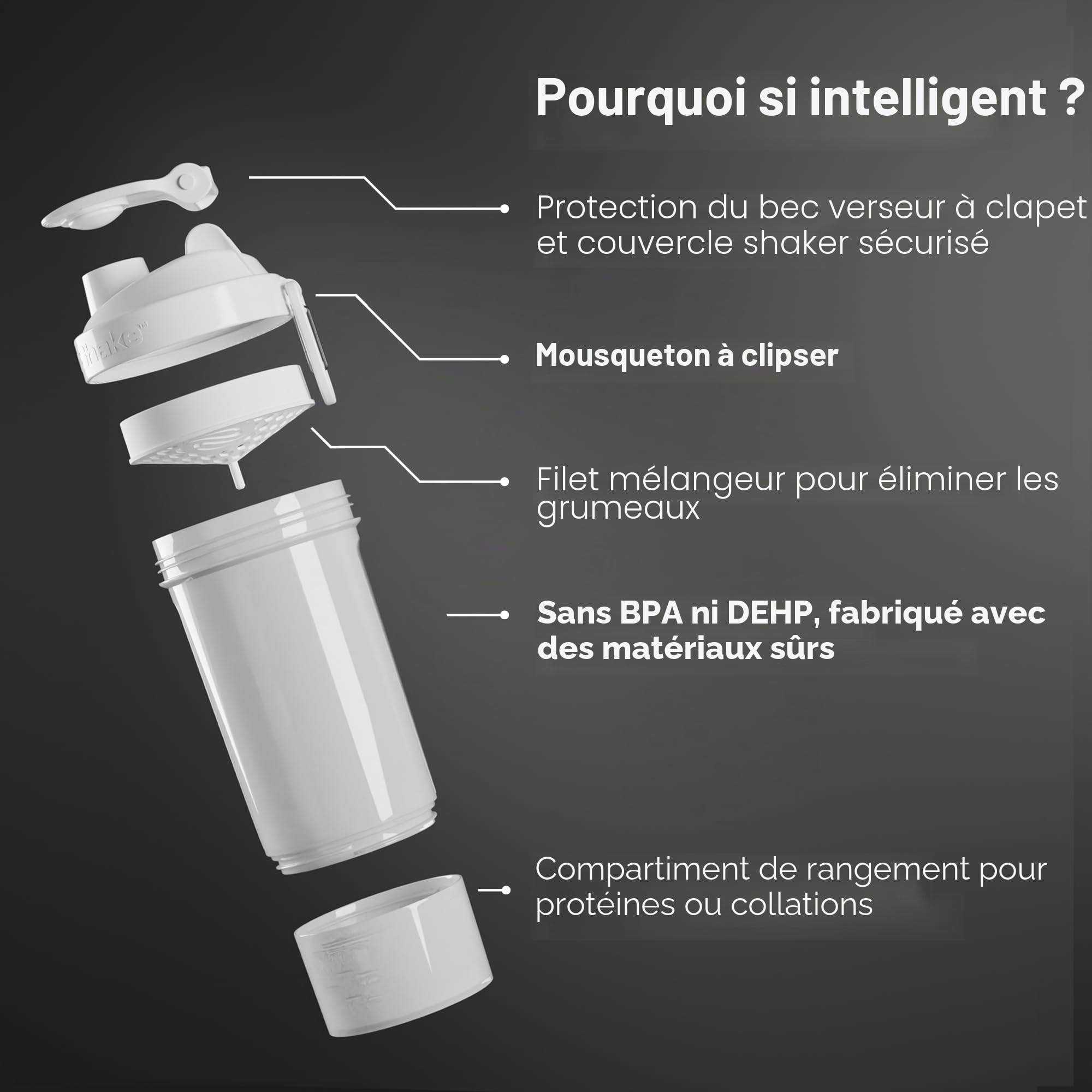 Smartshake Bouteille shaker protéinée O2GO ONE (600 ml | 59 cl) - Rangement inclus - Bouchon à visser étanche - Sans BPA - Unisexe - Gris brume, vert armée, noir, bleu marine
