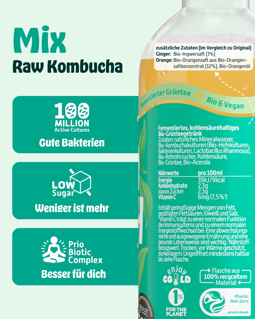 KOMBUCHERY® Mix Raw Kombucha BIO | 12 x 400ml | Fermentierter Tee mit aktiven Darm-Kulturen | Zuckerarm & Kalorienarm | Unpasteurisiert, PrioBiotic, Vegan & Testsieger | inkl. 3€ Pfand