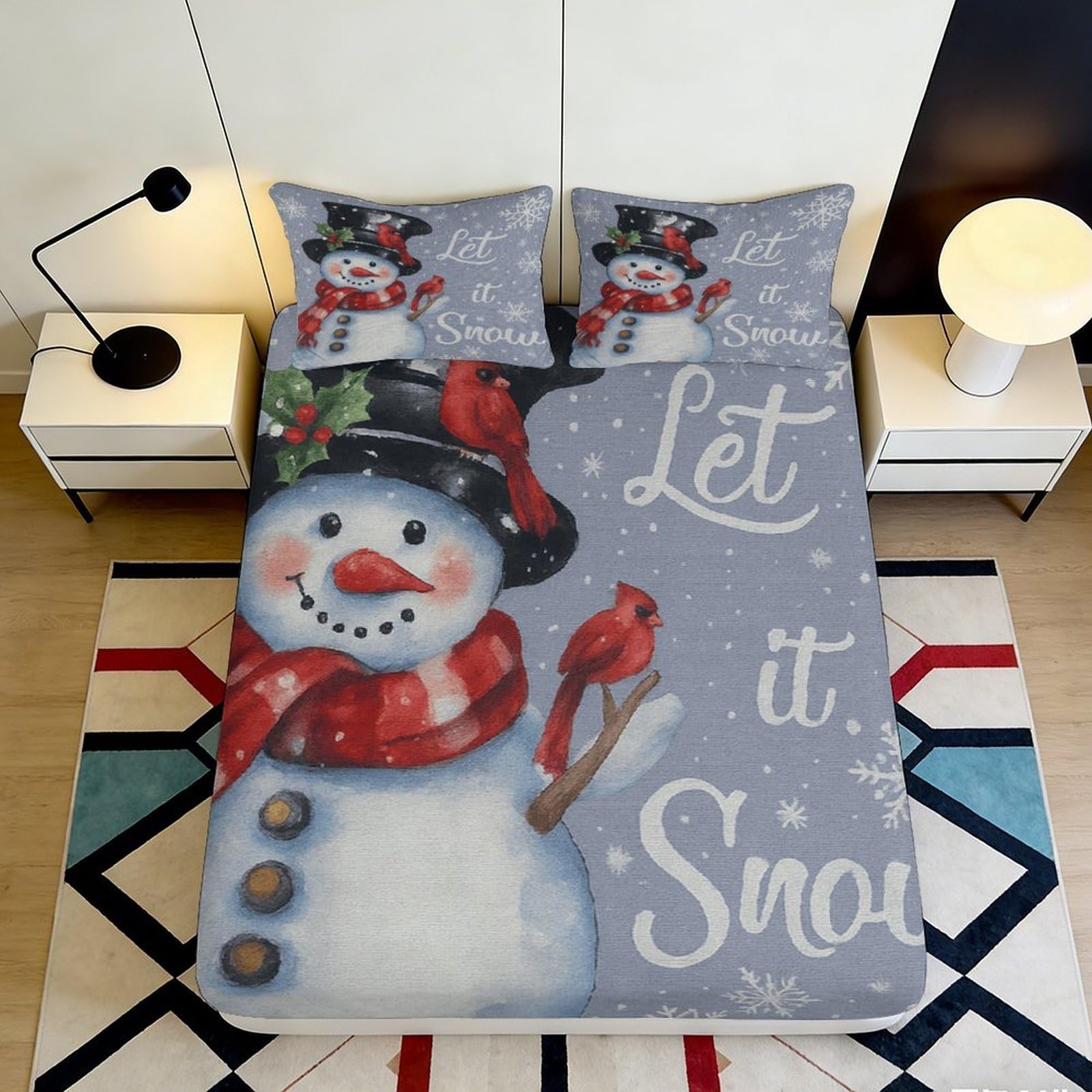 Jqzkxnhpbr Style-7 3D Printed Snowman Fitted Sheet Microfiber Christmas Let It Snow Bed Cover For Bedroom Guest Room Decor Protection 90X200x25cm