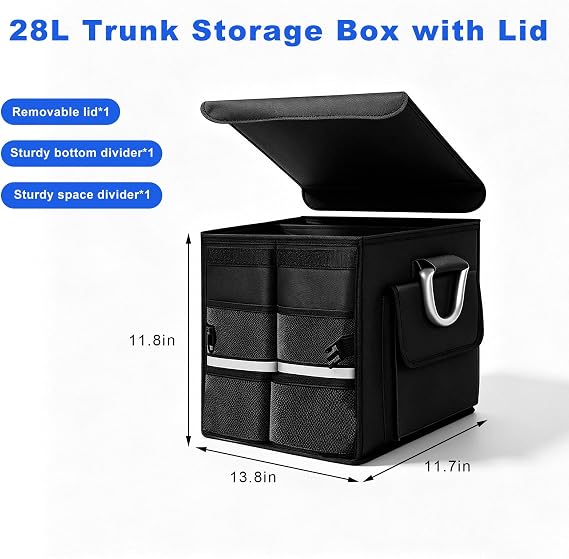 Car Trunk Organizer With Lid, 28L Foldable Vehicle Cargo Storage Box with Aluminum Handles & Reflective Strip, Waterproof Oxford Fabric Interior Trunk Organizer for Car Truck SUV (Black)