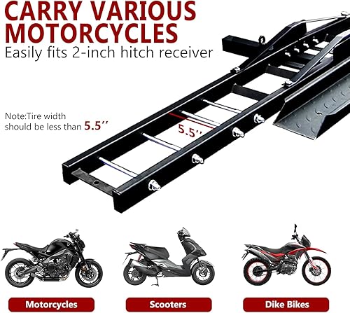 Miniatura 4 de Grandroad Auto Portamotos para Enganche, Portamotos de Acero de Servicio Pesado de 500 Libras con Rampa de Carga, Dispositivo de Bloqueo